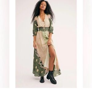Free People Boho Patchwork Maxi Dress in Green and Cream